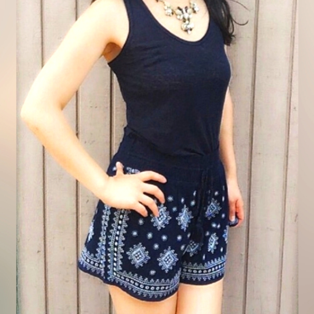 J. Crew Lined Embroidered Navy Blue and Silver Shorts